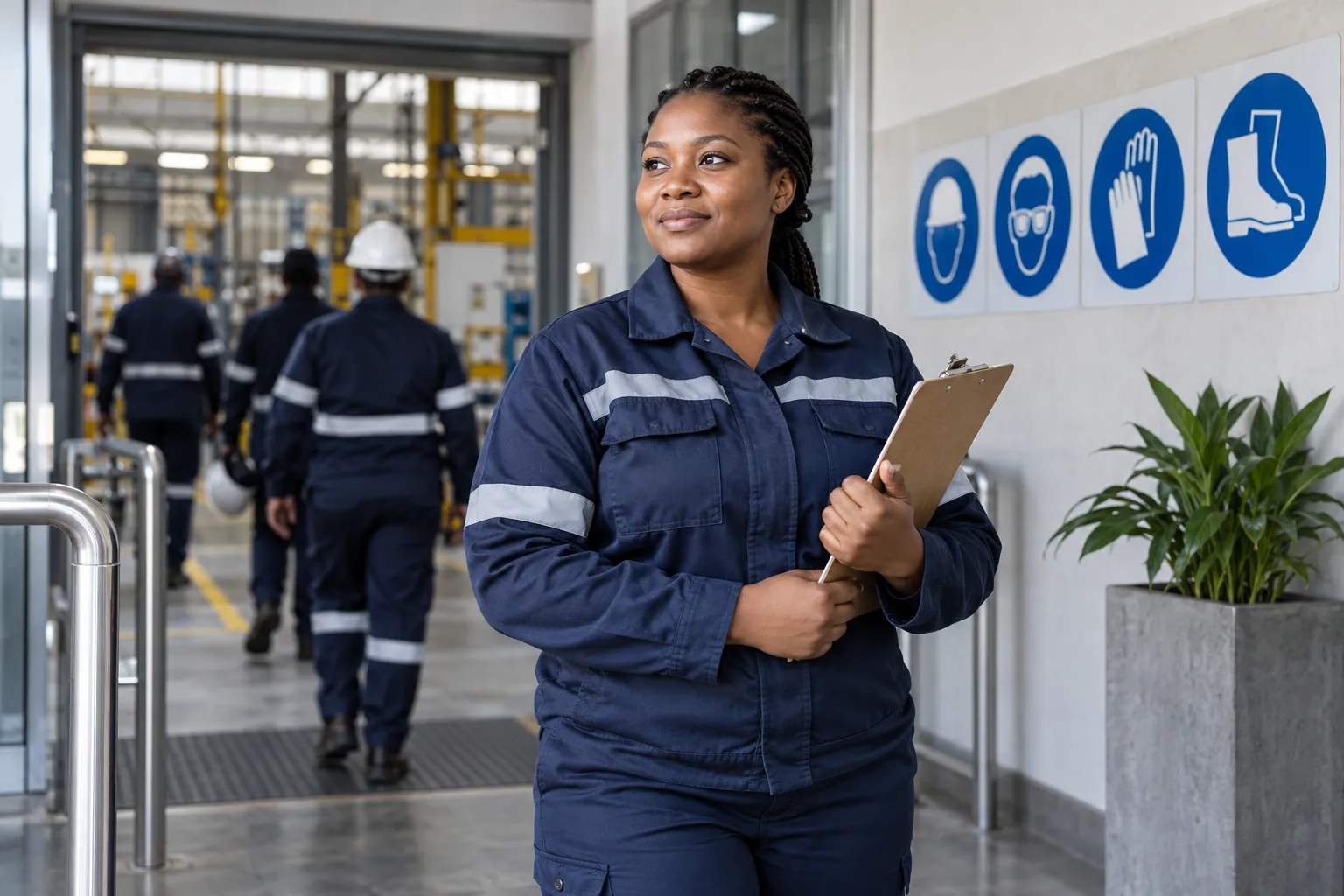 Safety officer reviewing a factory entry area with illustrative blue PPE signs